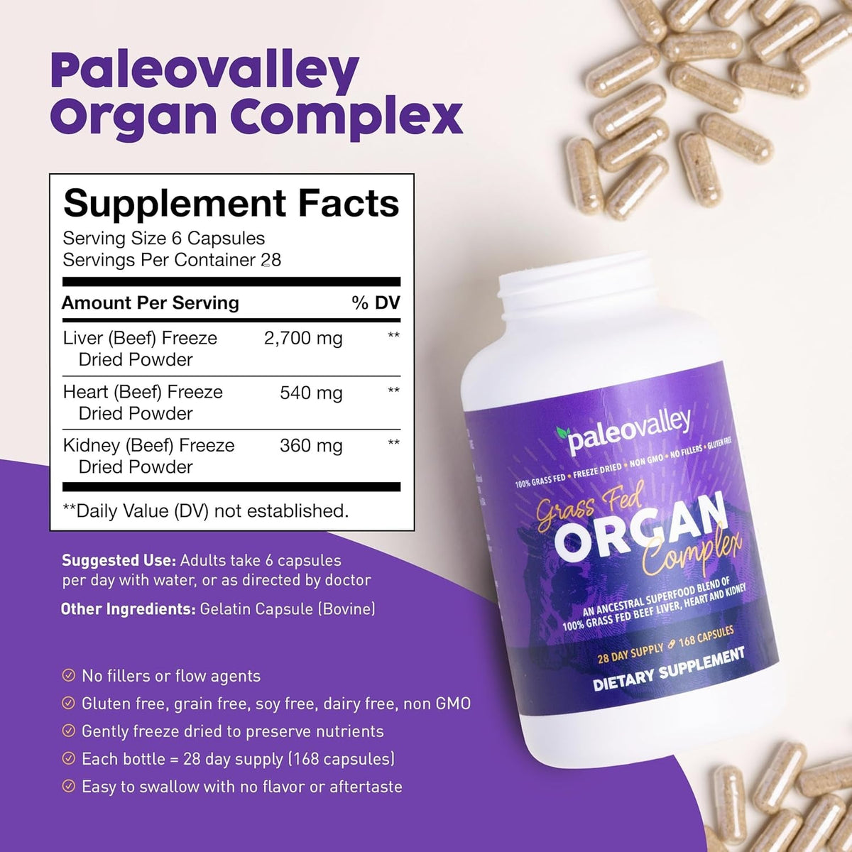 Paleovalley Grass Fed Beef Organ Complex - Freeze-Dried Beef Liver, Heart, and Kidney Blend, 1 Bottle