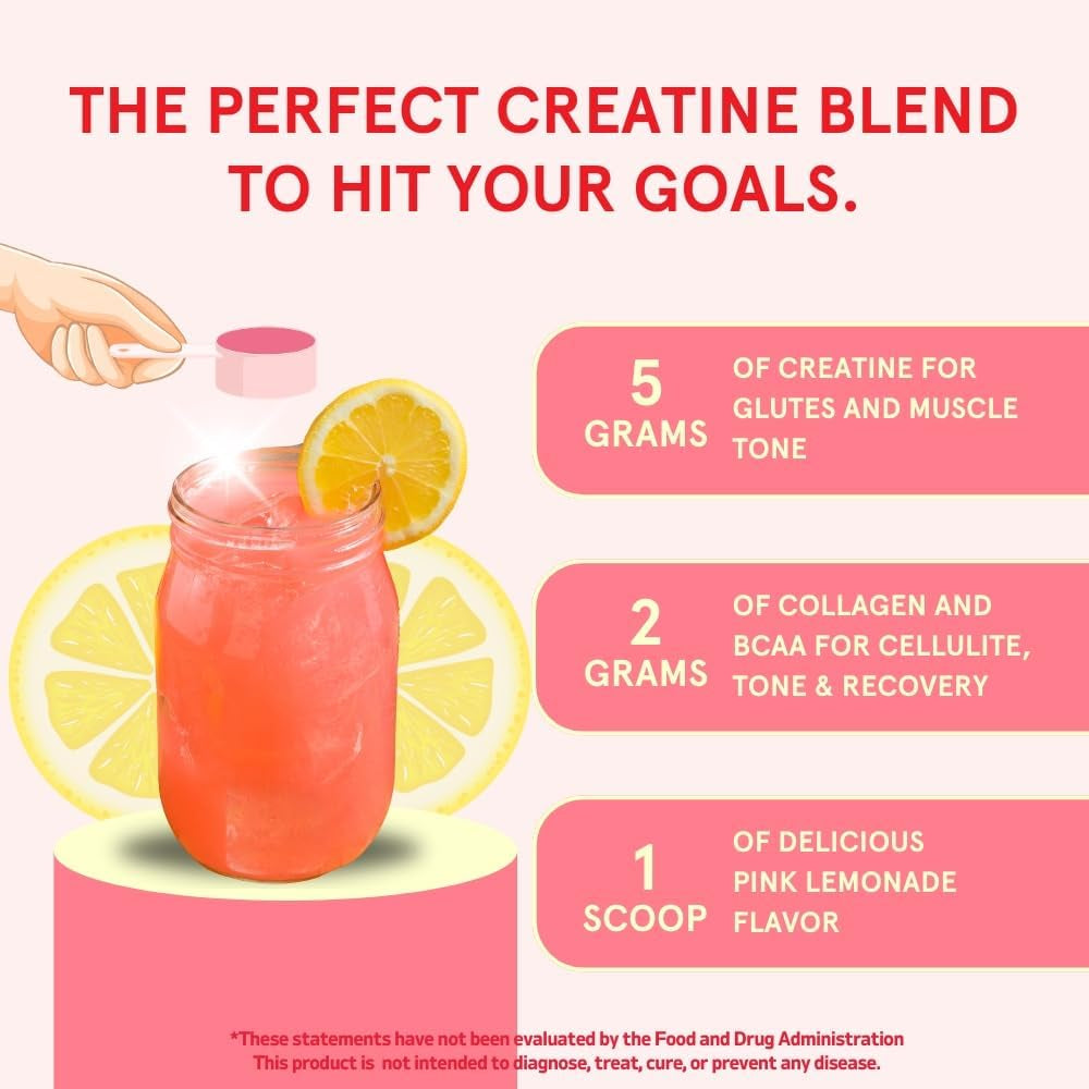 Peach Perfect Creatine for Women – Micronized Creatine Monohydrate Powder with BCAA & Collagen for Glute Strength Support, Boosts Energy, Focus, Strength, and Endurance – Pink Lemonade, 30 Servings