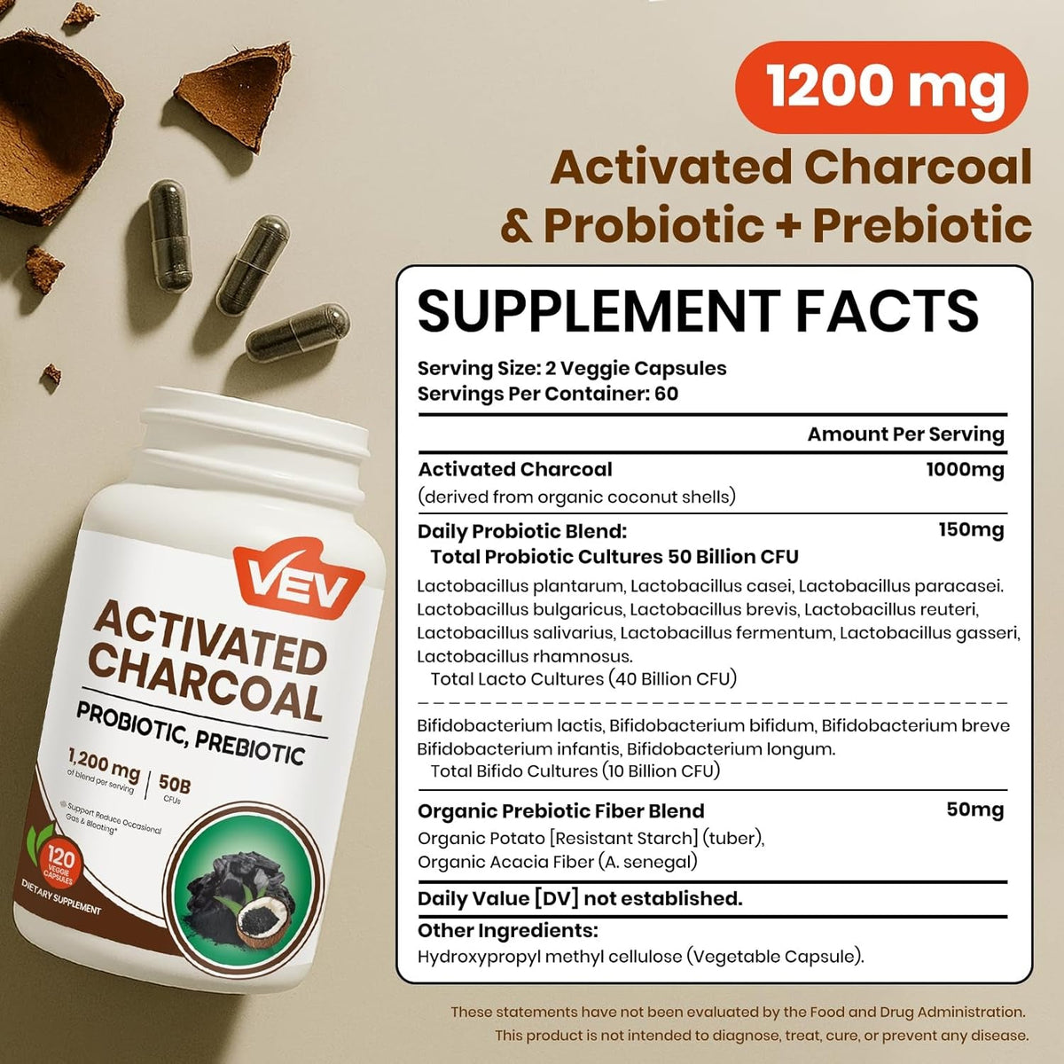VEV Activated Charcoal with Organic Coconut Shell Charcoal & 50 Billion Probiotics – 120 Vegan Capsules for Digestive Wellness & Dietary Support