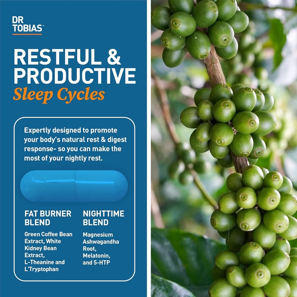 Dr. Tobias Fat Burner Nightly - Night Time Metabolic Support with White Kidney Bean Extract, Ashwagandha Root, Green Coffee Bean Extract & Melatonin | Non-Gmo (60 Capsules 30 Day Supply)