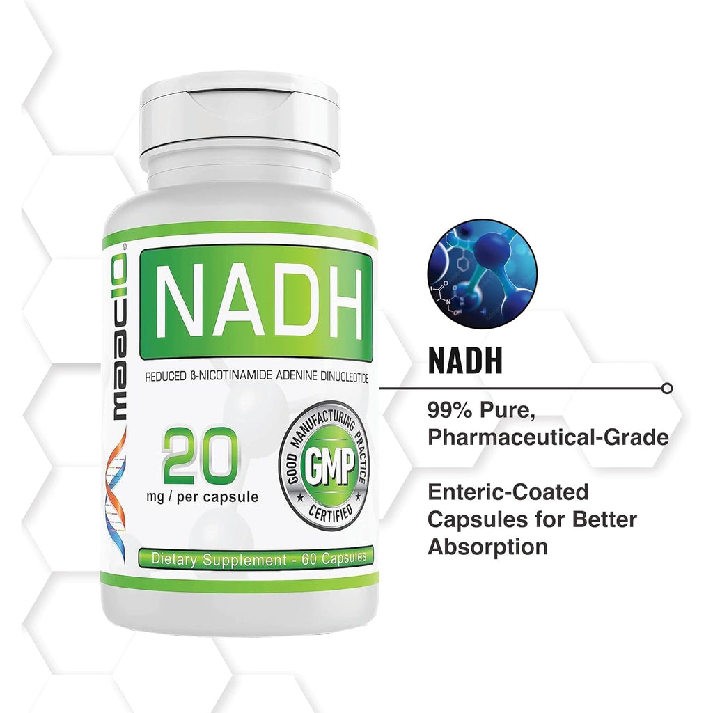 MAAC10 NADH Supplement 20Mg Each 60 Capsules for Energy, Fatigue, Mental Focus & NAD+ Longevity Support | Pharmaceutical Grade 99% Pure NADH