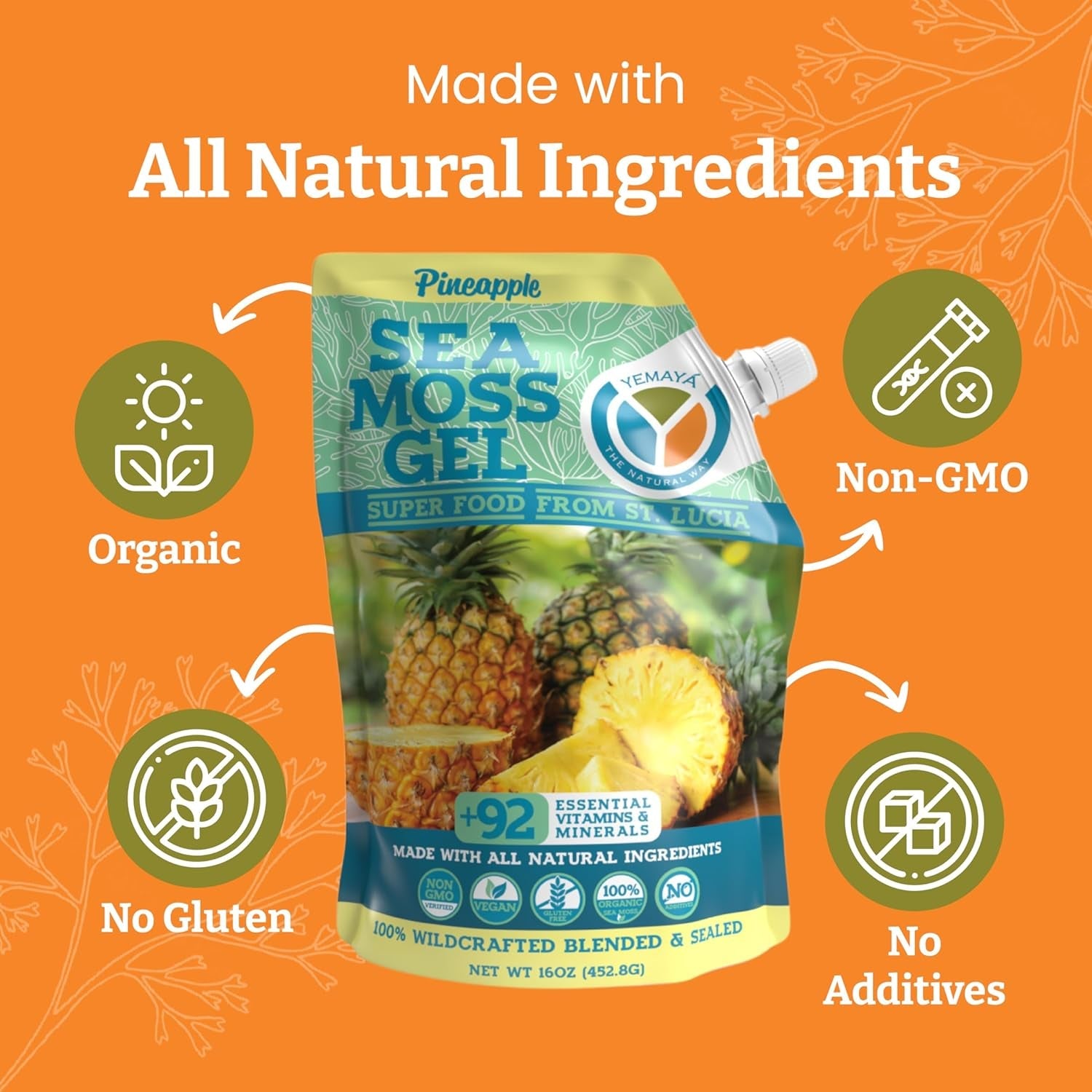Yemayá Sea Moss Gel with Pineapple Flavor | Wildcrafted Sea Moss from St. Lucia | Vegan, Non-Gmo, Gluten Free | 16 Oz