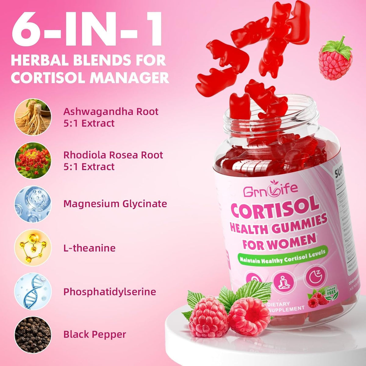 Cortisol Gummies for Women, Cortisol Supplements Gummies with Magnesium Ashwagandha Rhodiola Rosea and L-Theanine Complex for Relaxation and Focus, Zzz Support, Raspberry Flavor, 60 Count