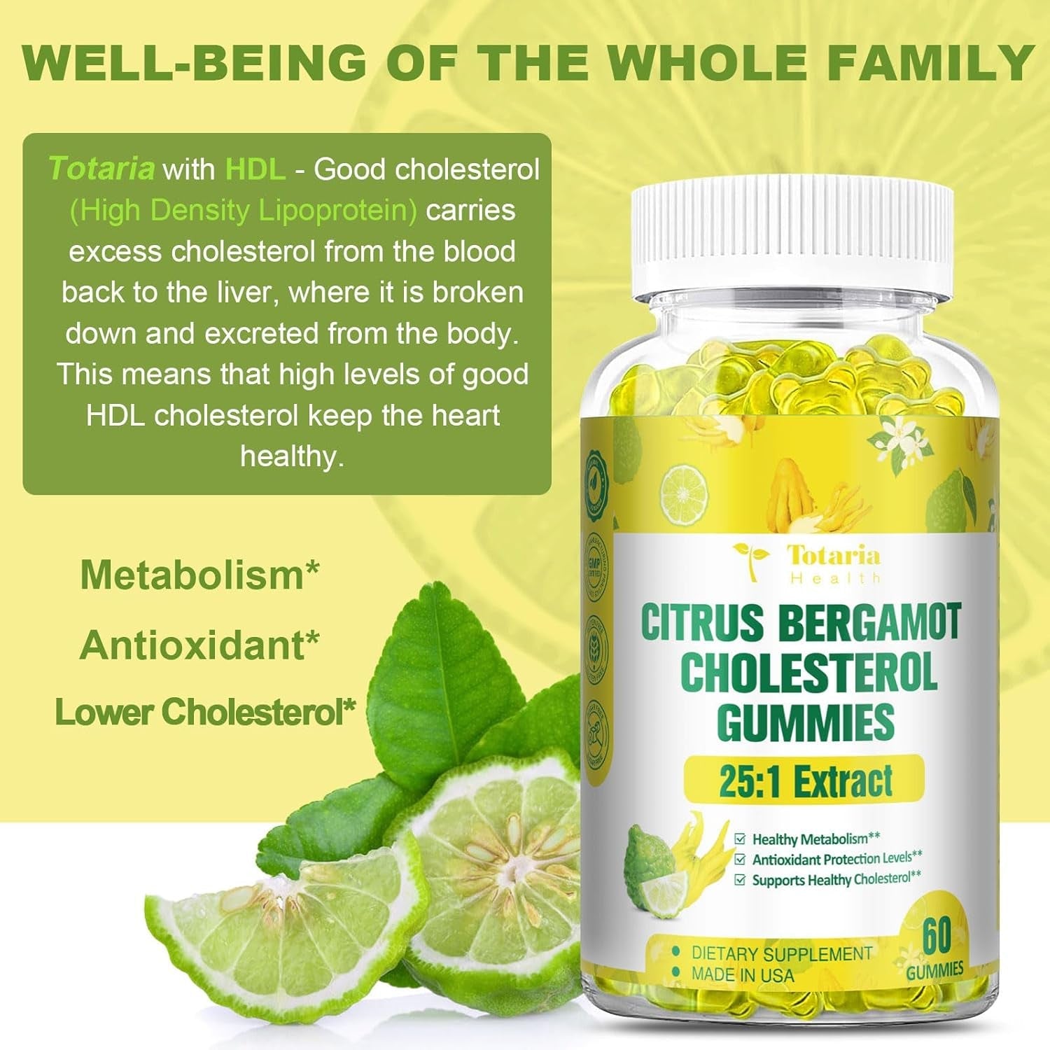 Sugar Free Citrus Bergamot Gummies - All Natural Supplements 25:1 Extract from Italian Bergamot Supplement for Healthy Anti-Aging Sugar-Free Vegan