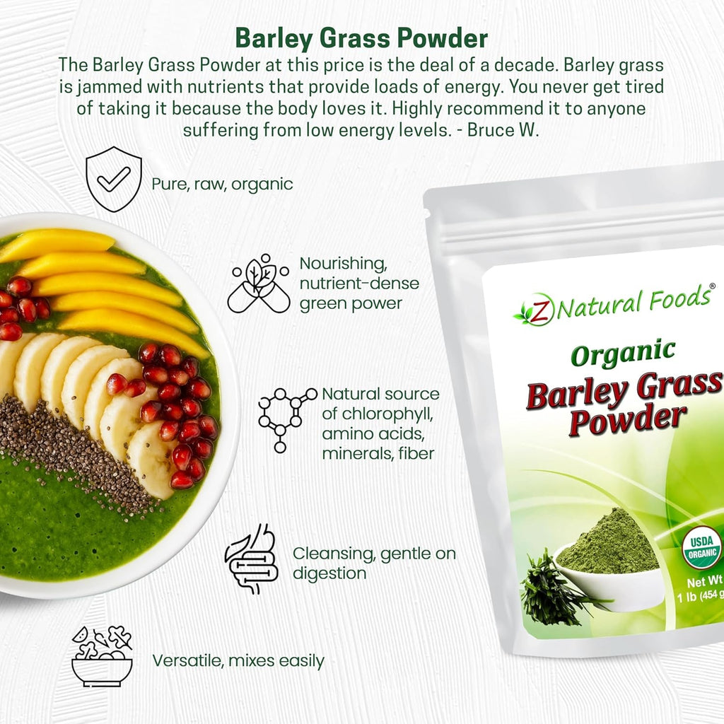 Z Natural Foods Organic Barley Grass Powder - USDA Organic Whole Food Green Blend for Energy Boost, Detox & Ph Balance with Amino Acids, Minerals - Antioxidant Mix for Juice, Water, Smoothies, 1 Lb
