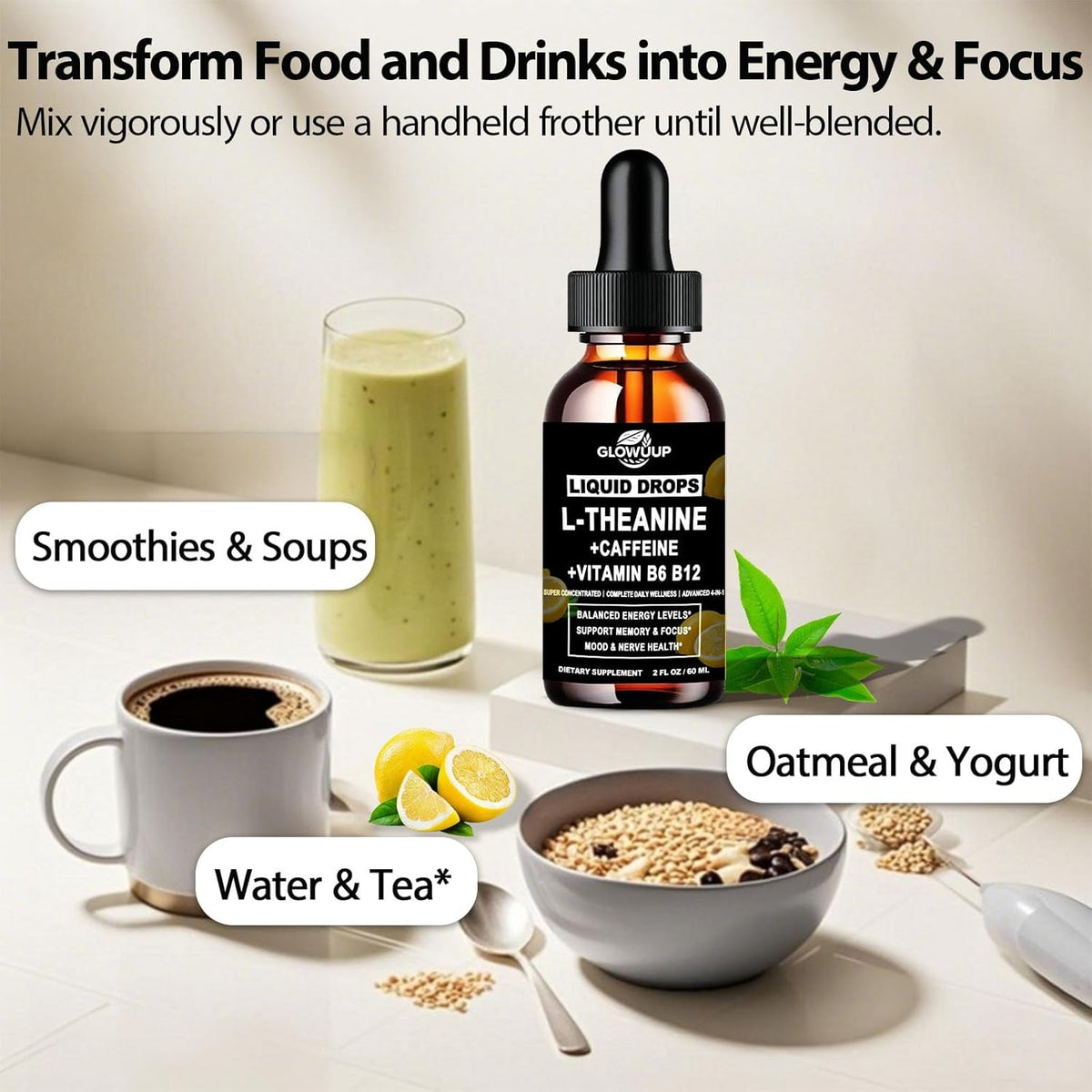 L-Theanine Supplement with Caffeine, Organic Liquid Caffeine 50Mg W. L-Theanine 100Mg, Vitamin B12 B6 for Focused Energy, Alertness & Recess Mood, Nootropic Brain Drops for Women & Men丨30 Days Supply