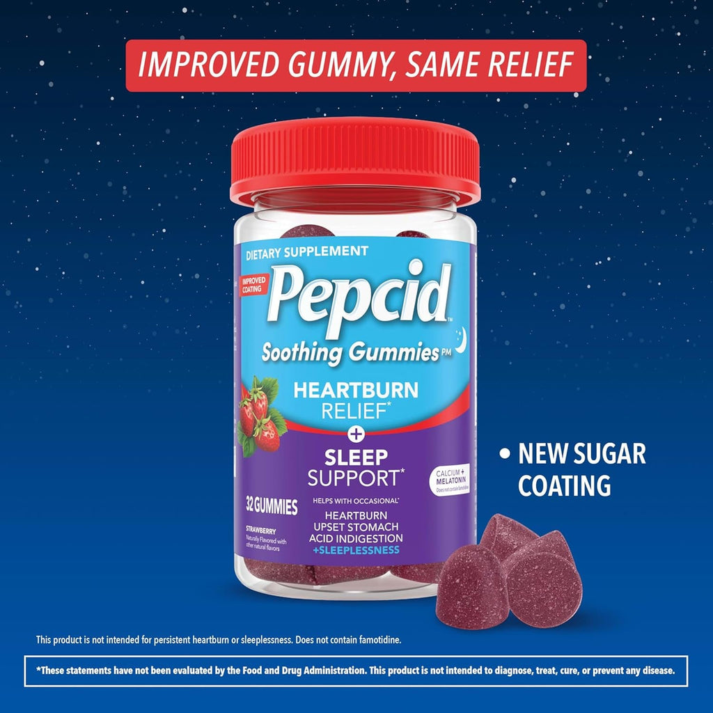 Pepcid Soothing Gummies, Heartburn Relief + Sleep Support Gummies Help Occasional Heartburn, Upset Stomach, Acid Indigestion + Sleeplessness, Calcium & Melatonin, Strawberry, 32 Ct