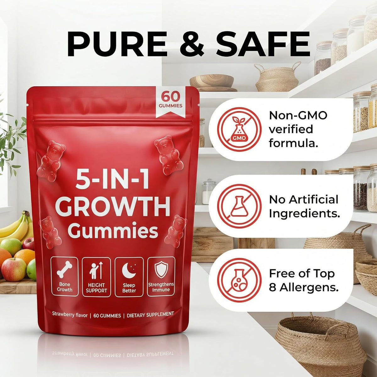 5-In-1 Growth Gummies, Supports Natural Height & Bone Development with Essential Amino Acids & D3, K2, Delicious Strawberry Flavor, 60-Count