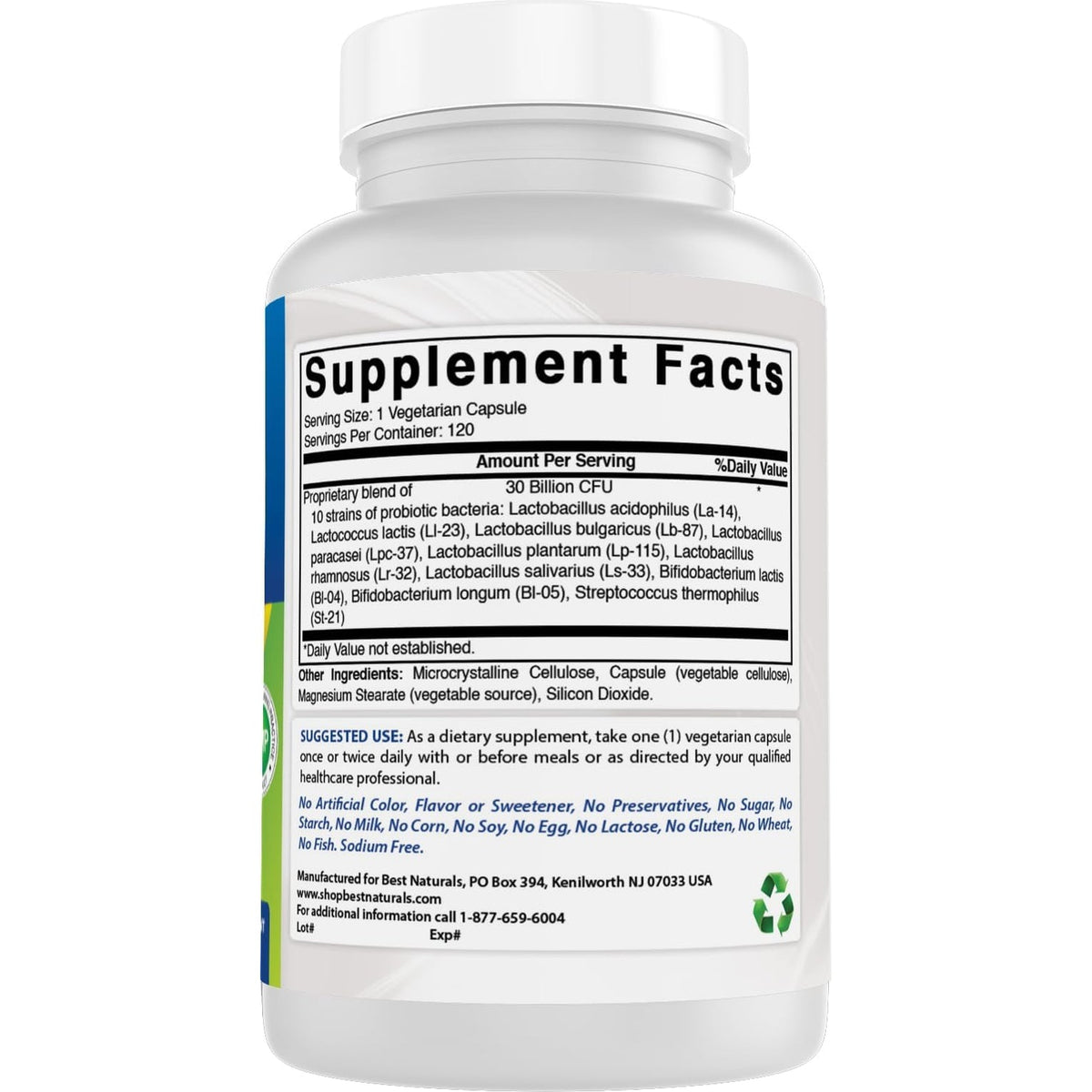 Best Naturals Probiotic 10 Strains & 30 Billion CFU Intestinal Flora, 120 Veggie Capsules - Shelf Stable Probiotic (4146365)