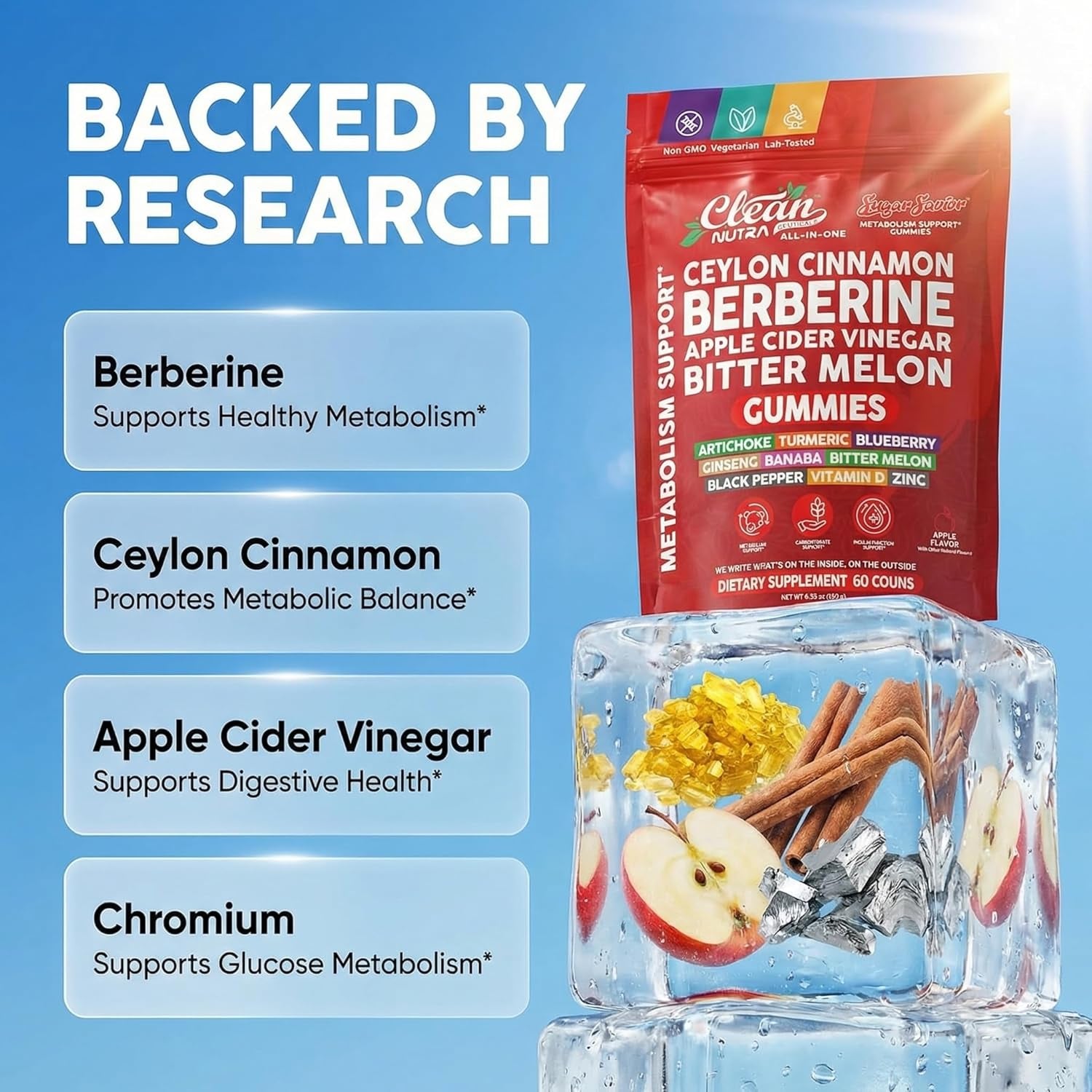 Sugar Savior Ceylon Cinnamon Berberine Gummies Apple Cider Vinegar Artichoke Turmeric Blueberry Ginseng Banaba Bitter Melon Black Pepper Vitamin D Zinc GLP1 Gummies 60 Count by Clean Nutra