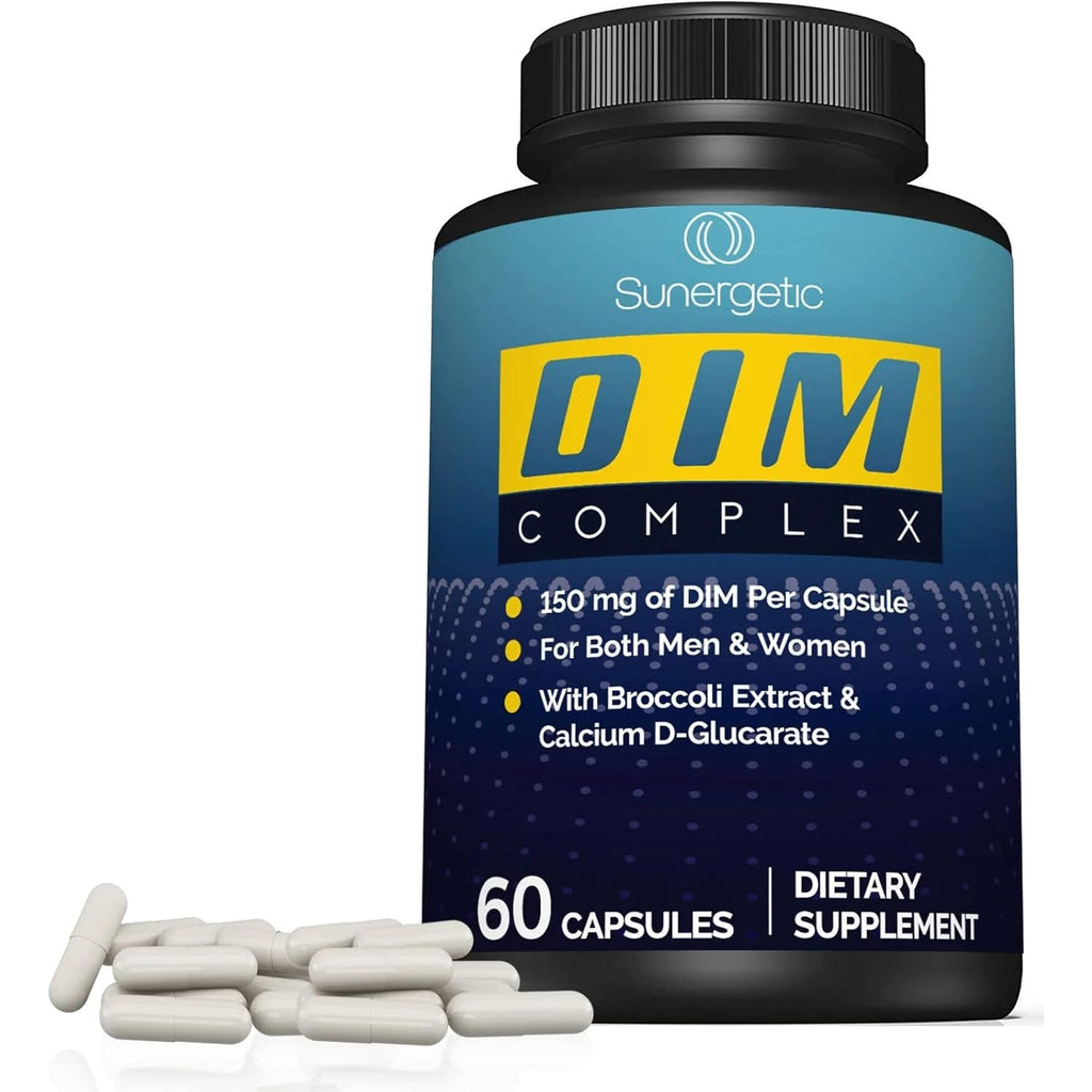 Sunergetic Premium DIM Supplement – 150Mg Diindolylmethane, Broccoli, Calcium D-Glucarate & Bioperine for Men & Women – DIM Complex for Menopause Support & Balance - 60 Capsules