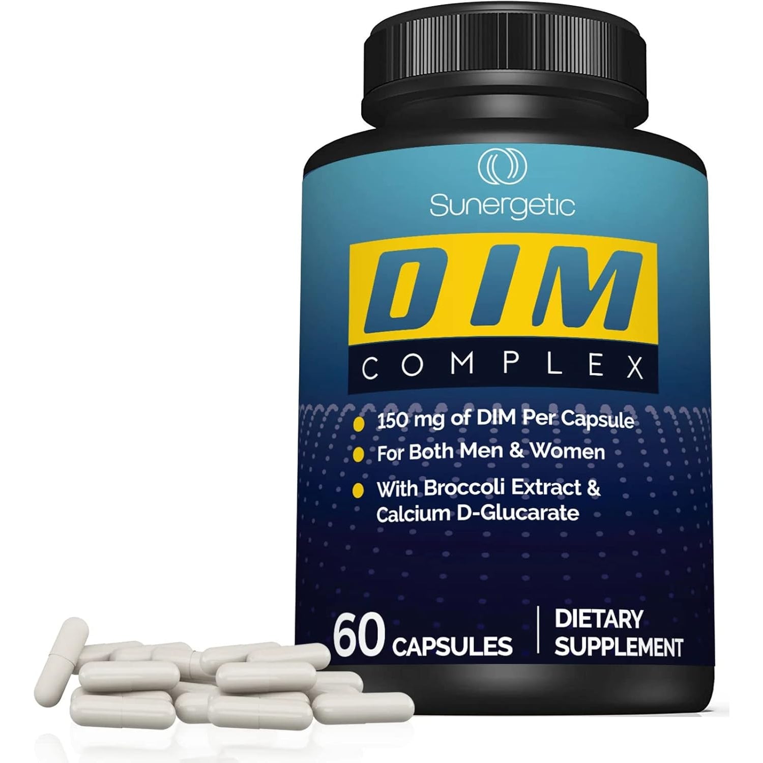 Sunergetic Premium DIM Supplement – 150Mg Diindolylmethane, Broccoli, Calcium D-Glucarate & Bioperine for Men & Women – DIM Complex for Menopause Support & Balance - 60 Capsules