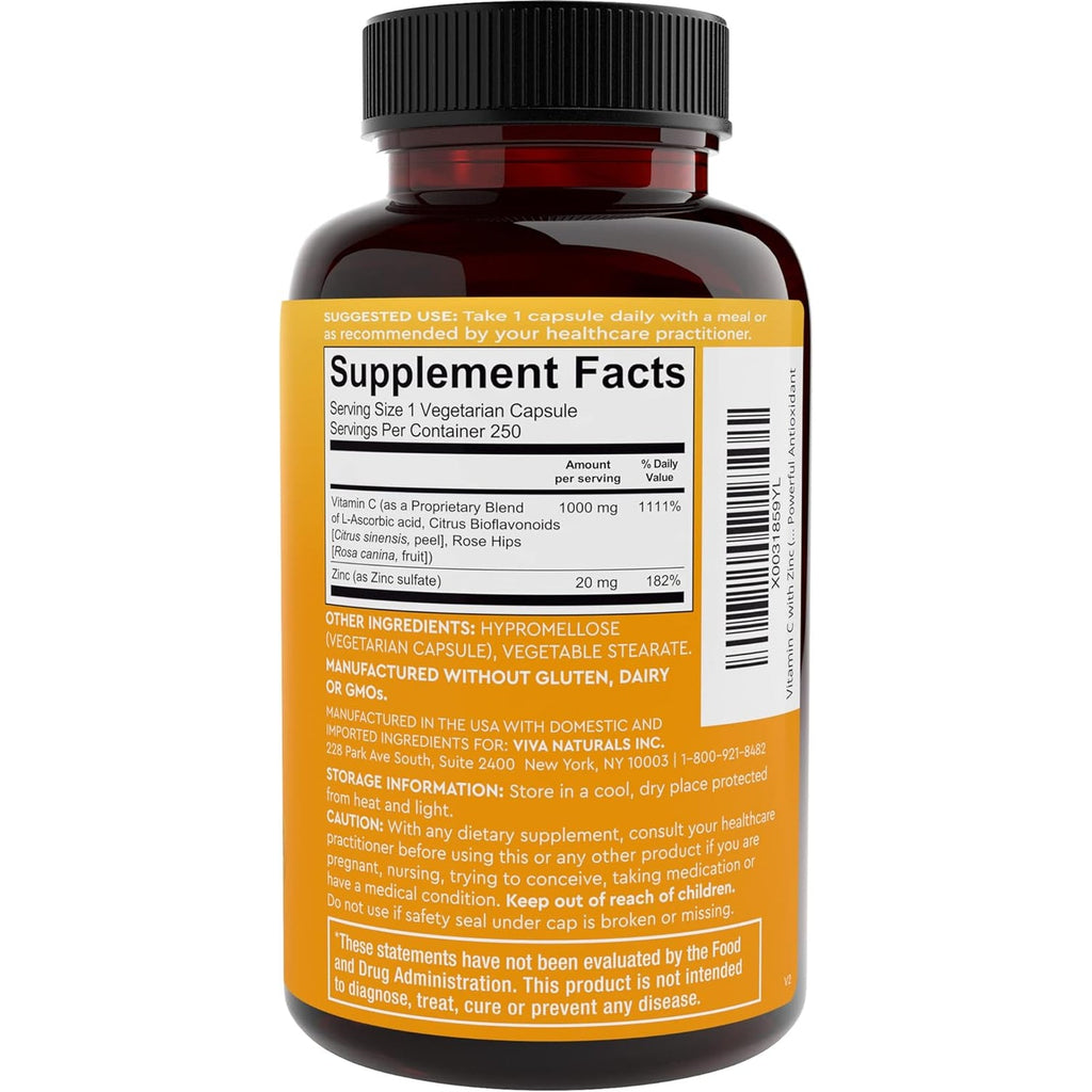 Viva Naturals 1000 Mg Vitamin C and Zinc 20 Mg Supplement - Proprietary Blend of Ascorbic Acid Vitamin C with Rose Hips and Bioflavonoids for Immune Support -250 Veggie Capsules with 8 Months Supply