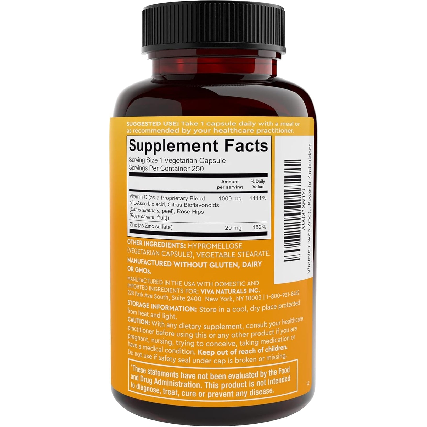 Viva Naturals 1000 Mg Vitamin C and Zinc 20 Mg Supplement - Proprietary Blend of Ascorbic Acid Vitamin C with Rose Hips and Bioflavonoids for Immune Support -250 Veggie Capsules with 8 Months Supply