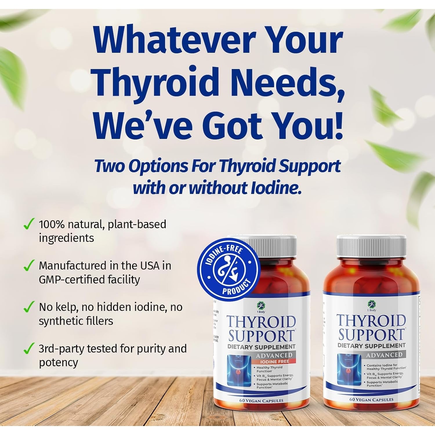 1 Body Thyroid Support Supplement for Women – Iodine Free Formula with Selenium, Zinc & Ashwagandha – Supports Energy, Metabolism & Hormone Balance – 60 Vegan Capsules