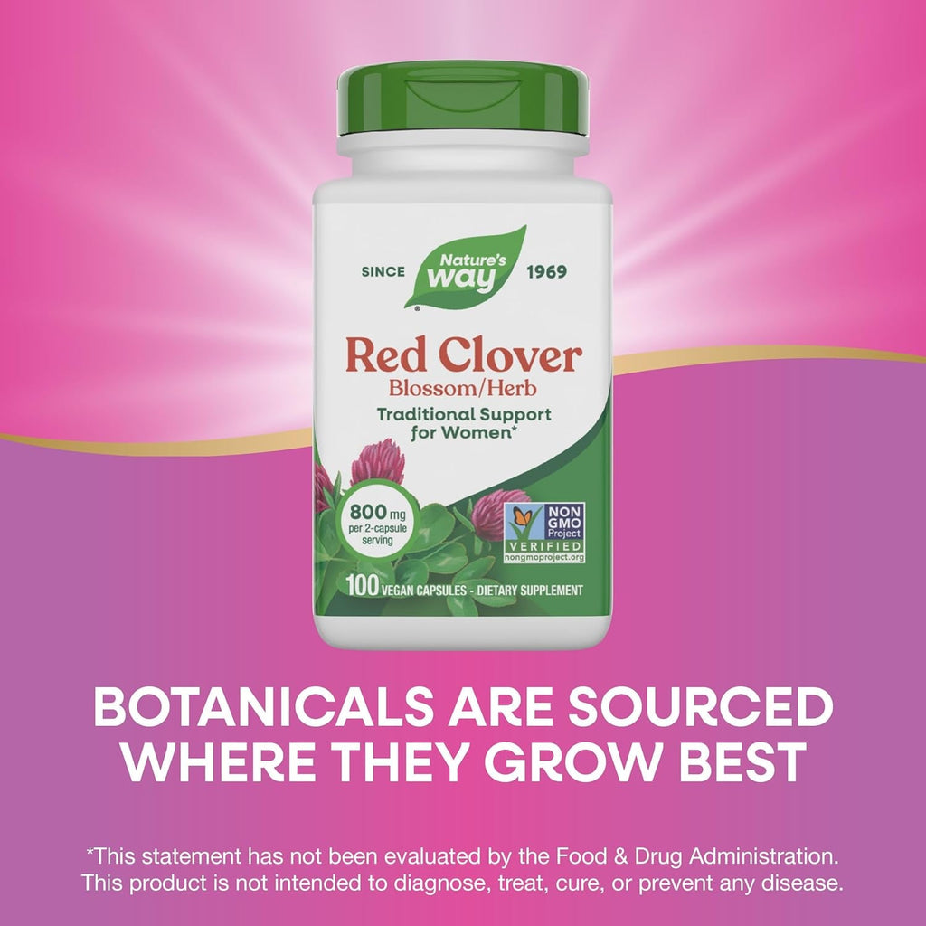 Nature'S Way Red Clover Blossom Herb, Traditional Health Support for Women*, 800 Mg per 2-Capsule Serving, Non-Gmo Project Verified, Red Clover Supplement, 100 Vegan Capsules (Packaging May Vary)