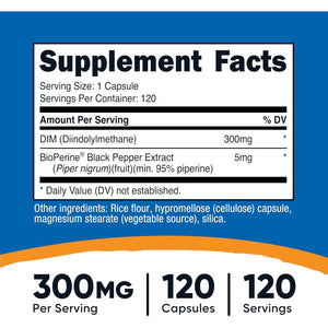 Nutricost DIM (Diindolylmethane) plus Bioperine 300Mg, 120 Vegetarian Capsules - up to 4 Month Supply, Max Strength DIM Supplement