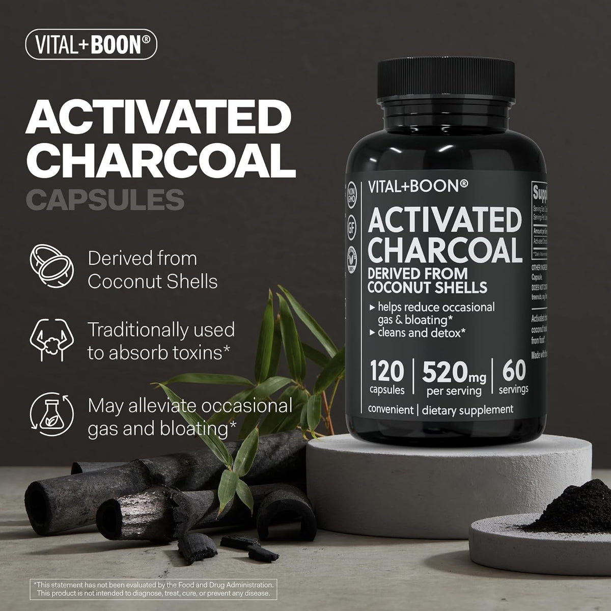 Vital+Boon Activated Charcoal Pills – Derived from Coconut Shells – Black Charcoal Binder for Stomach, Gas & Bloating Relief – Gluten Free Vegetarian Active Carbon to Support Detox (120 Capsules)