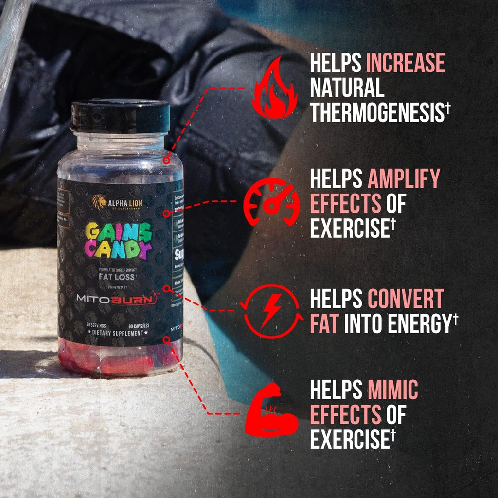 ALPHA LION Gains Candy, Supplement Pills That Support Weight Loss, Appetite Suppressant, Keto-Diet Friendly, Decrease Body Fat, Upgrade Energy & Workout Performance, 60 Capsules (Mitoburn®)
