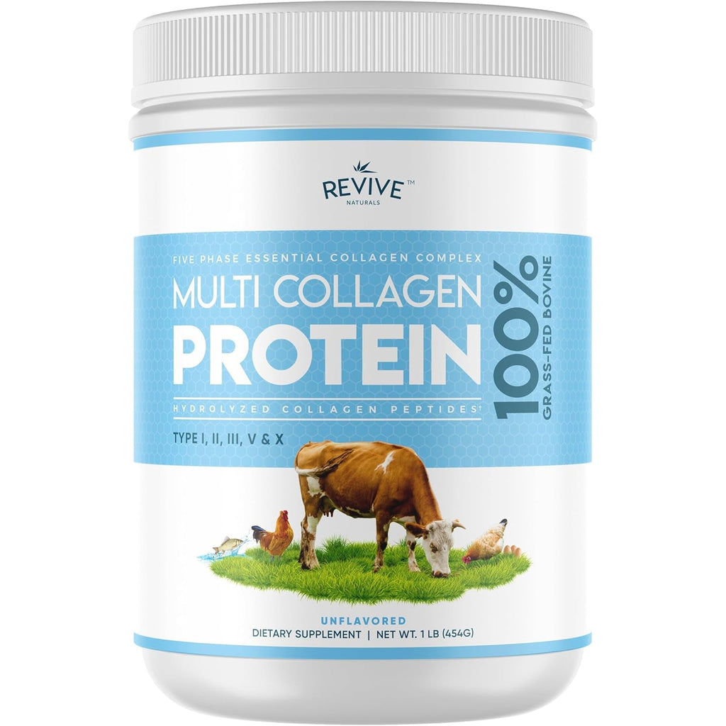 Revive Naturals Multi Collagen Hydrolyzed Protein Powder (16Oz) - Types I, II, III, V & X - Grass Fed Bovine, Wild Caught Marine, Free Roaming Chicken & Eggshell Collagen Peptides,
