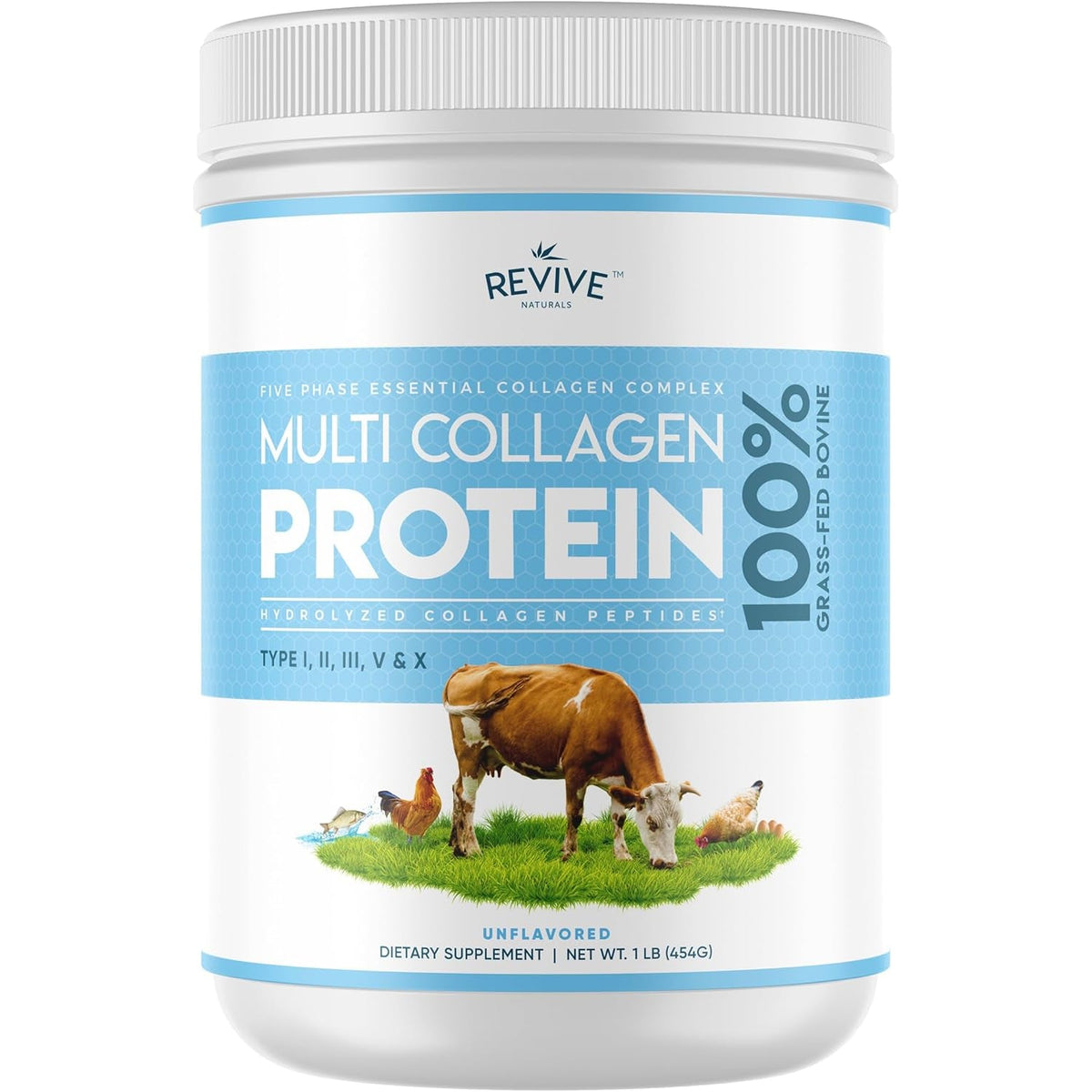 Revive Naturals Multi Collagen Hydrolyzed Protein Powder (16Oz) - Types I, II, III, V & X - Grass Fed Bovine, Wild Caught Marine, Free Roaming Chicken & Eggshell Collagen Peptides,