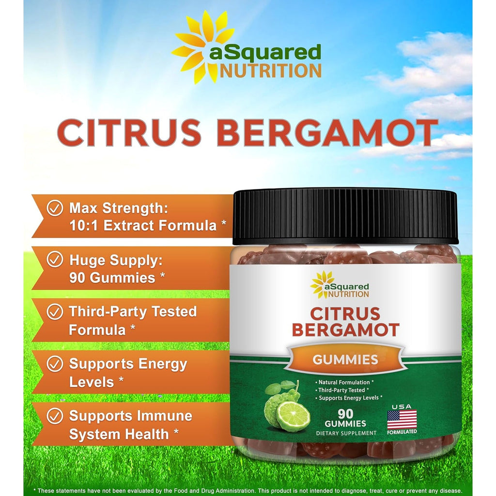 Asquared Nutrition Citrus Bergamot Gummies - Citrus Bergamot Extract Supplement 500Mg per Serving - Pure Gummy Alternative to Capsules & Pills