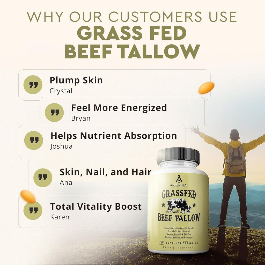 Ancestral Supplements Grass Fed Beef Tallow Capsules, 3000Mg, Nourishing Kidney Fat Supplement Supports Bones, Teeth, Gums, Skin, Immune and Overall Health, Non-Gmo, 180 Capsules