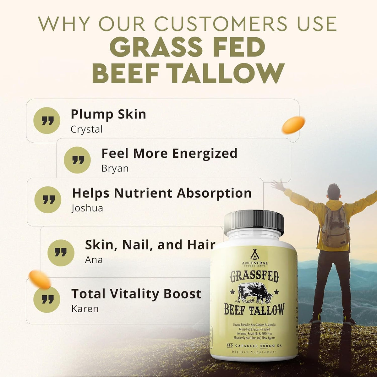 Ancestral Supplements Grass Fed Beef Tallow Capsules, 3000Mg, Nourishing Kidney Fat Supplement Supports Bones, Teeth, Gums, Skin, Immune and Overall Health, Non-Gmo, 180 Capsules