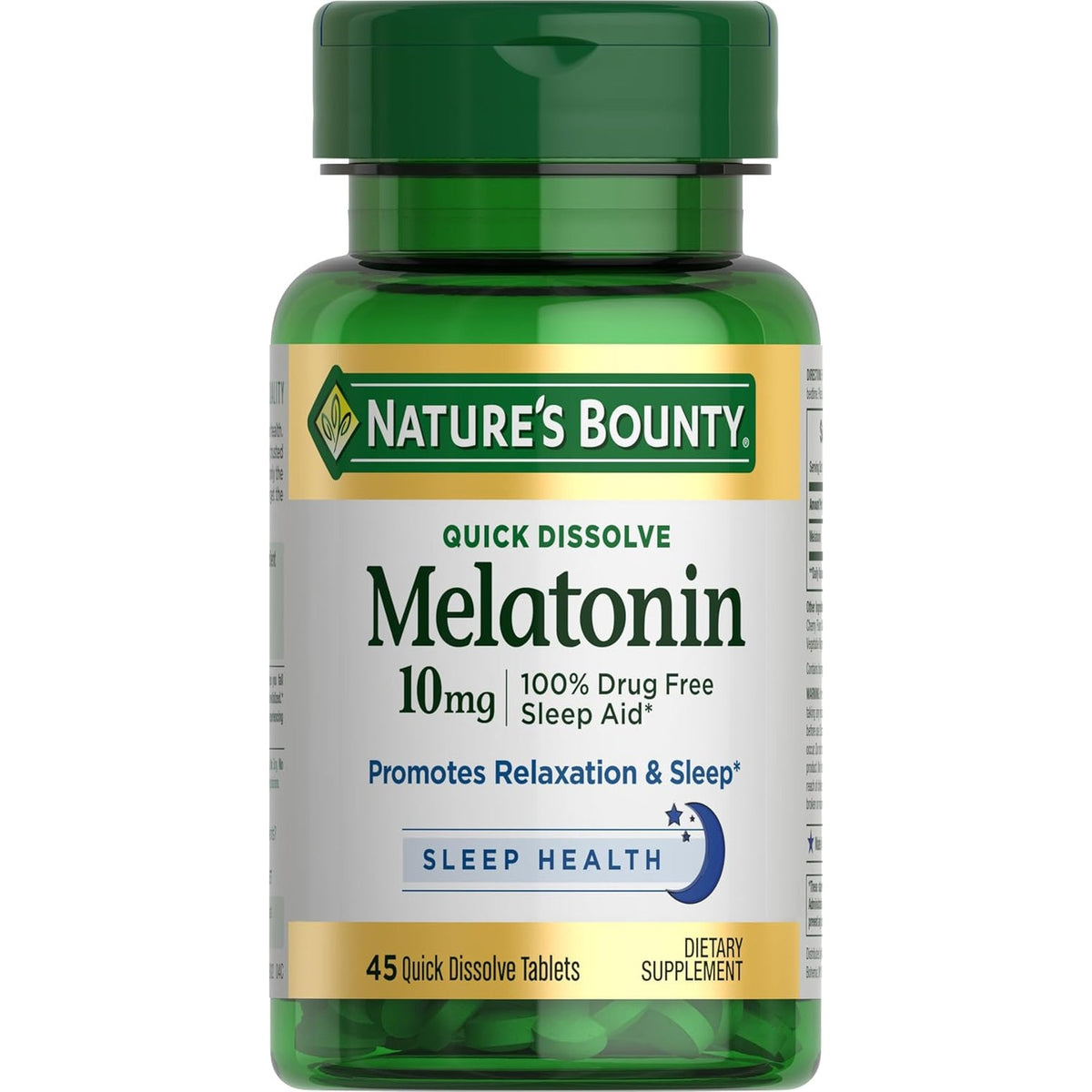 Nature'S Bounty Melatonin, 100% Drug Free Sleep Aid, Dietary Supplement, Promotes Relaxation and Sleep Health, 10Mg, 45 Quick Dissolve Tablets