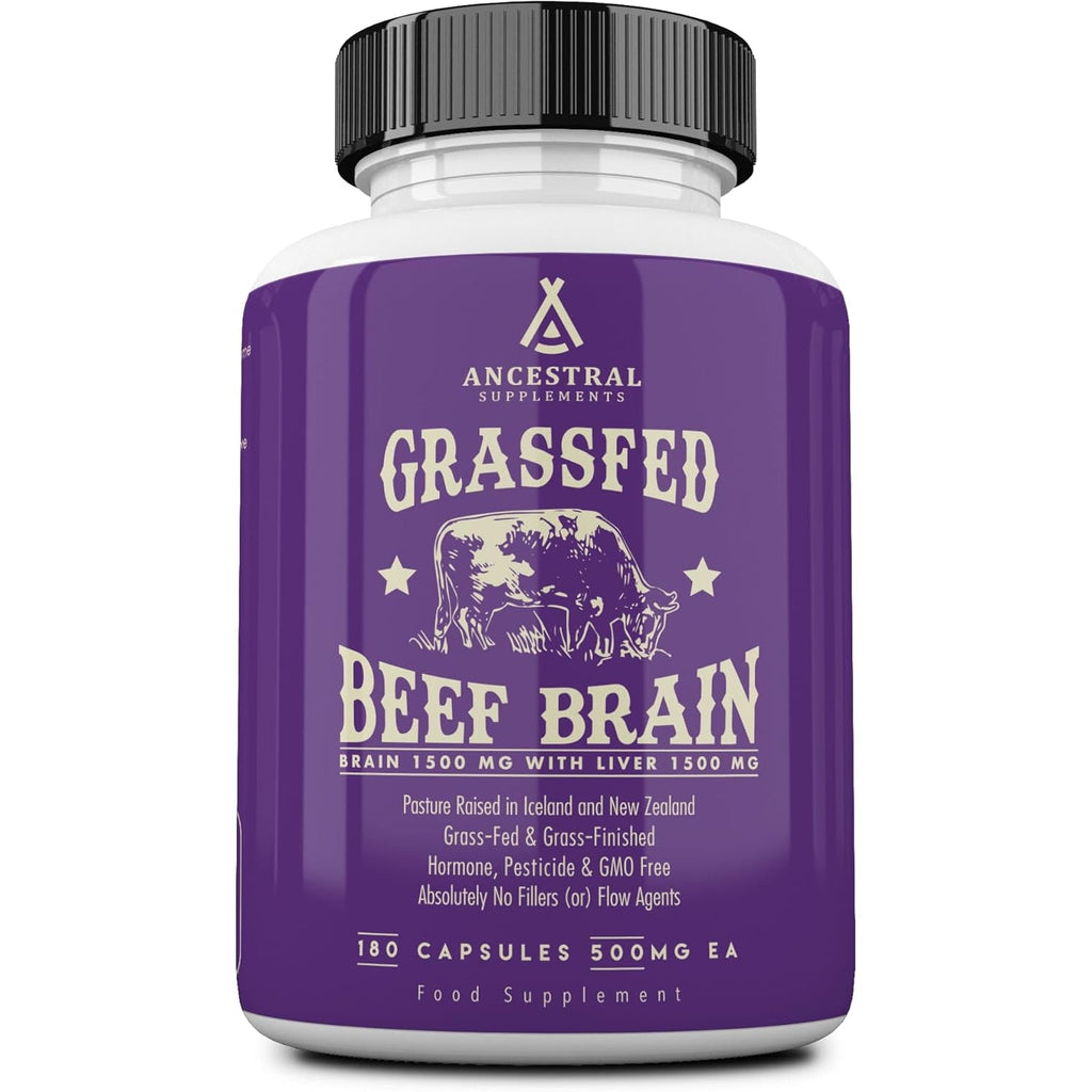 Ancestral Supplements Grass Fed Beef Brain Supplement with Beef Liver, Whole Food Brain Support Promotes Brain, Mood, and Memory Health, Brain and Liver Health Formula Capsules, Non-Gmo, 180 Capsules