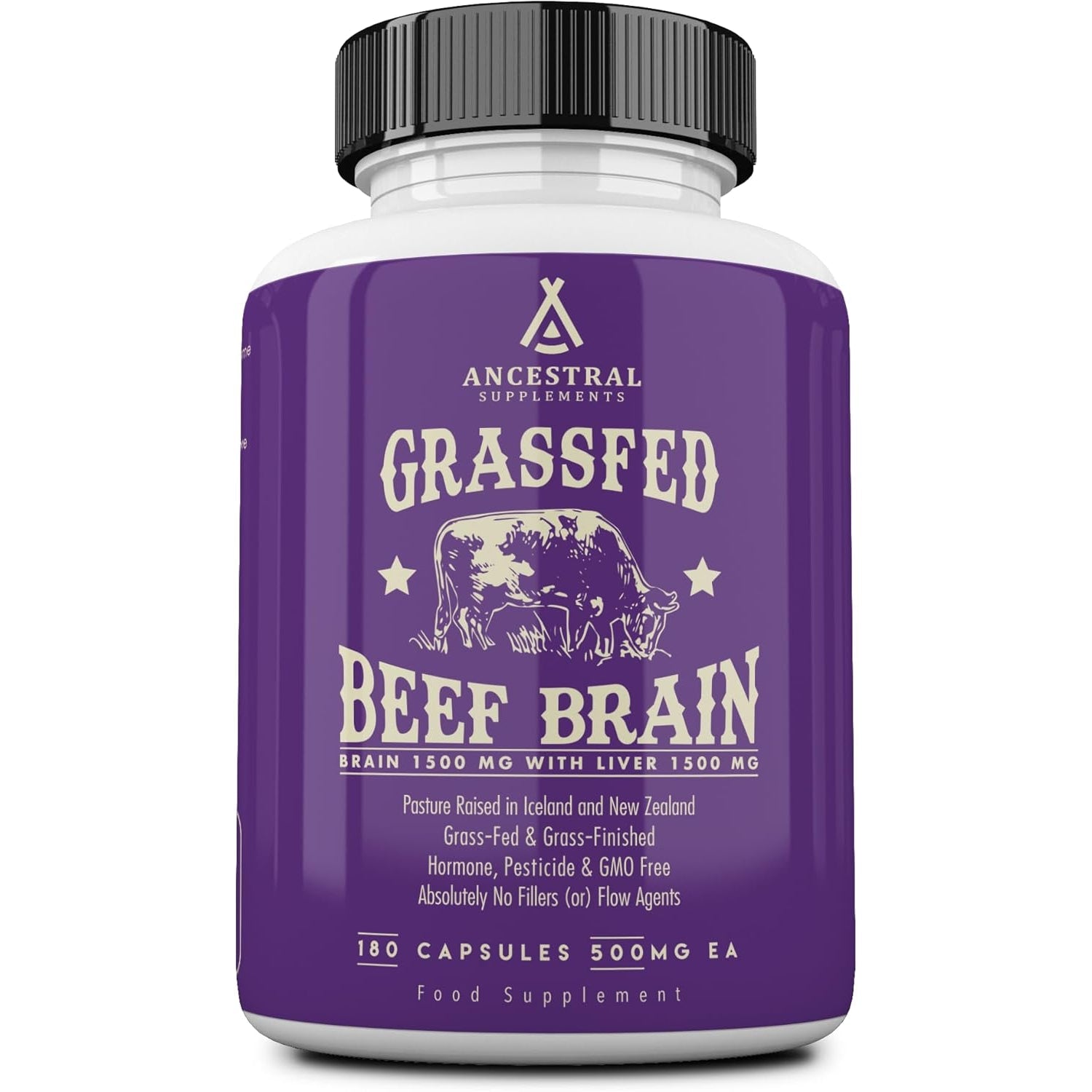 Ancestral Supplements Grass Fed Beef Brain Supplement with Beef Liver, Whole Food Brain Support Promotes Brain, Mood, and Memory Health, Brain and Liver Health Formula Capsules, Non-Gmo, 180 Capsules