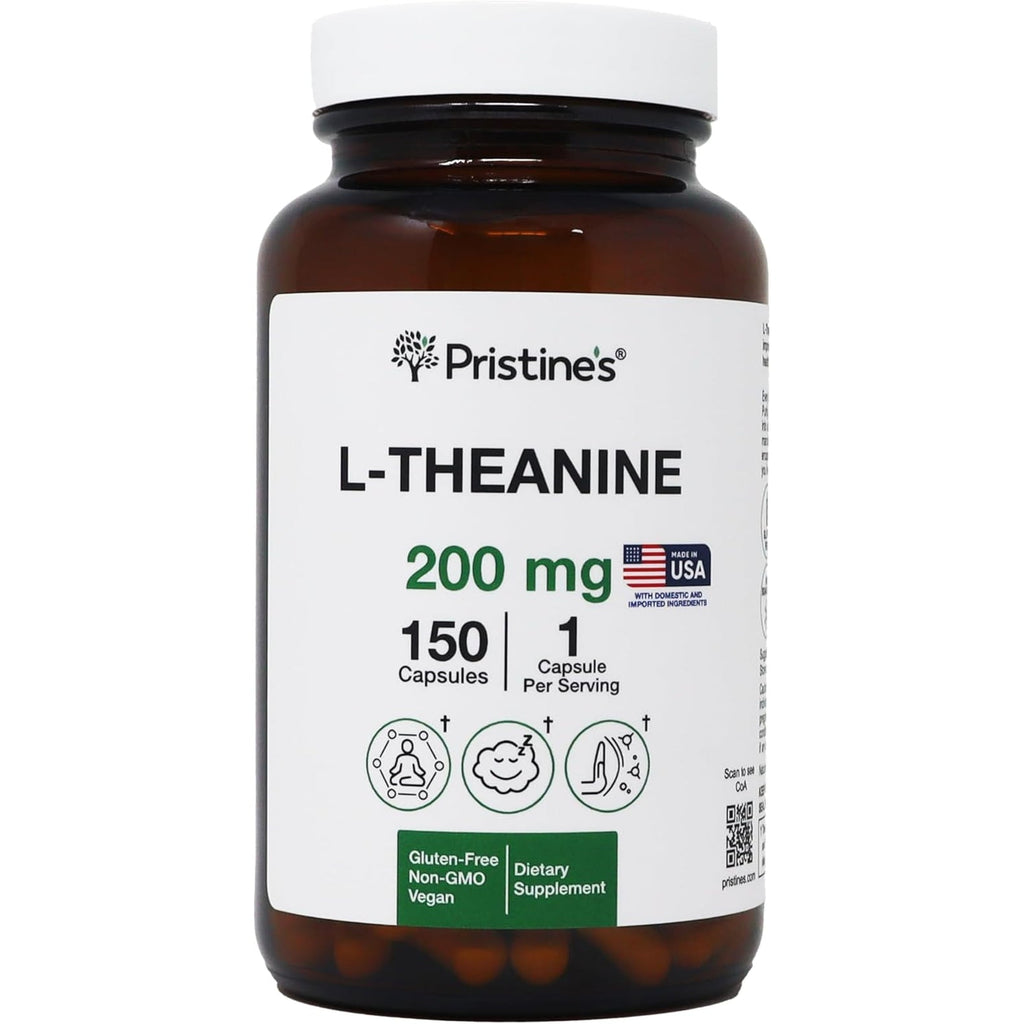 PRISTINE'S L Theanine 200Mg Supplement Capsules - 3Rd Party Tested Non GMO -150 Day Supply - Relaxation & Sleep Quality Support Capsules - Vegan, Cgmp Facility & Gluten Free Glass Bottles