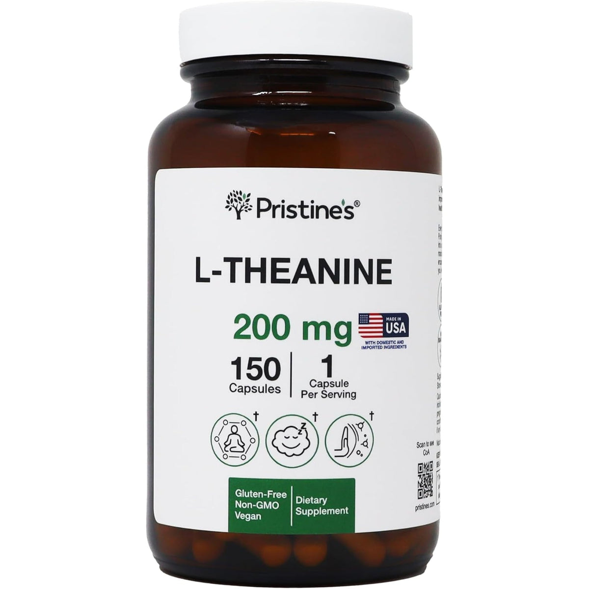PRISTINE'S L Theanine 200Mg Supplement Capsules - 3Rd Party Tested Non GMO -150 Day Supply - Relaxation & Sleep Quality Support Capsules - Vegan, Cgmp Facility & Gluten Free Glass Bottles