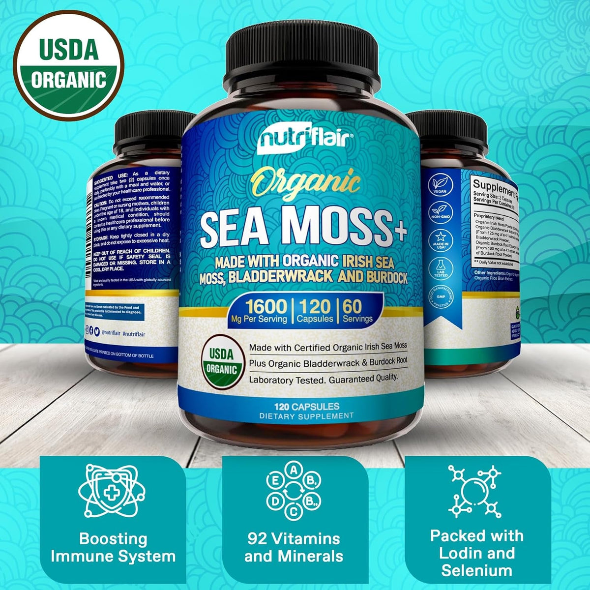 Nutriflair Organic Sea Moss 1600Mg, 120 Capsules plus Bladderwrack & Burdock - Prebiotic Super Food - Immune System & Digestive Health - Thyroid, Healthy Skin, Keto Detox, Gut