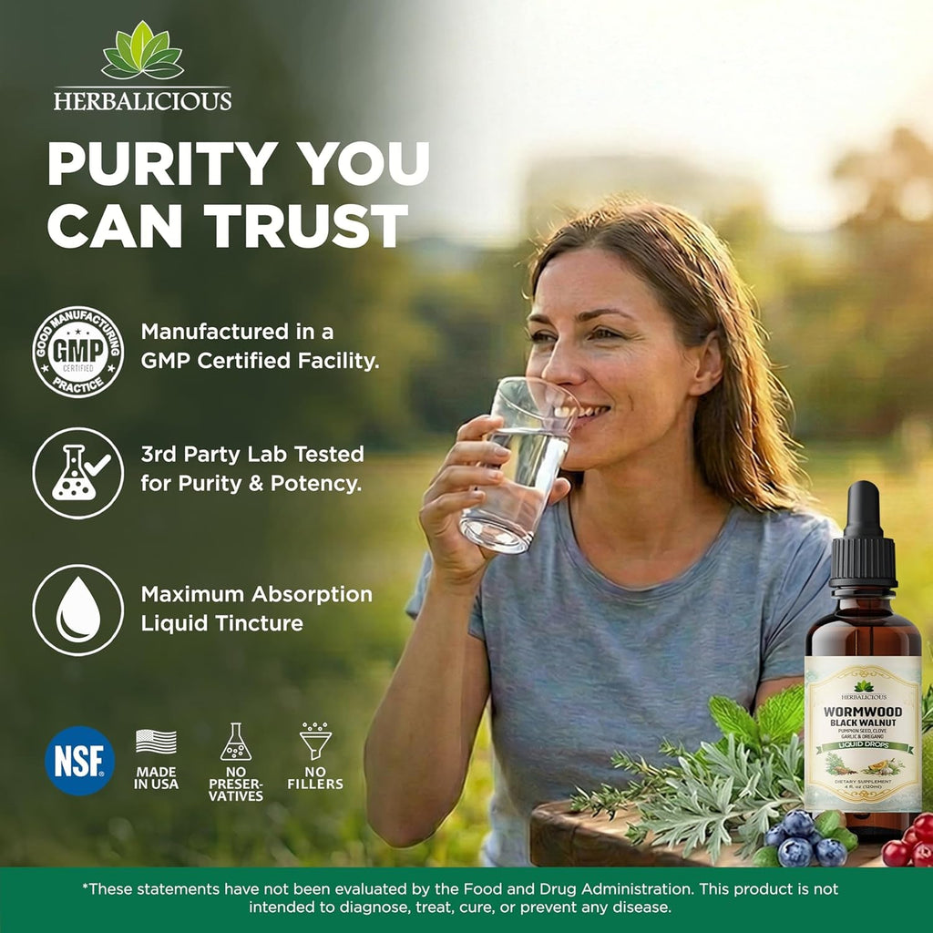 HEBRALICIOUS Wormwood Black Walnut Clove Parasite Cleanse – Herbal Liquid Drops with Pumpkin Seed, Garlic & Oregano Oil – Alcohol-Free Tincture Supplement, 4 Fl Oz (120 Ml)