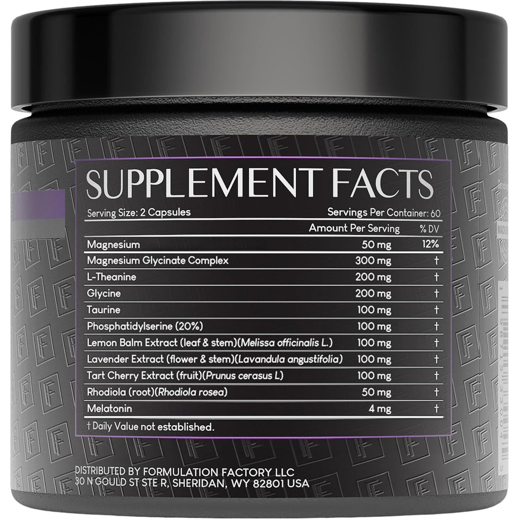 Formulation Factory the Night before Magnesium Glycinate Sleep Aid, 10-In-1 Sleep Supplement with Melatonin 4Mg, L-Theanine, Lemon Balm, Tart Cherry, Relaxation, Recovery, Sleep Support, 120 Capsules