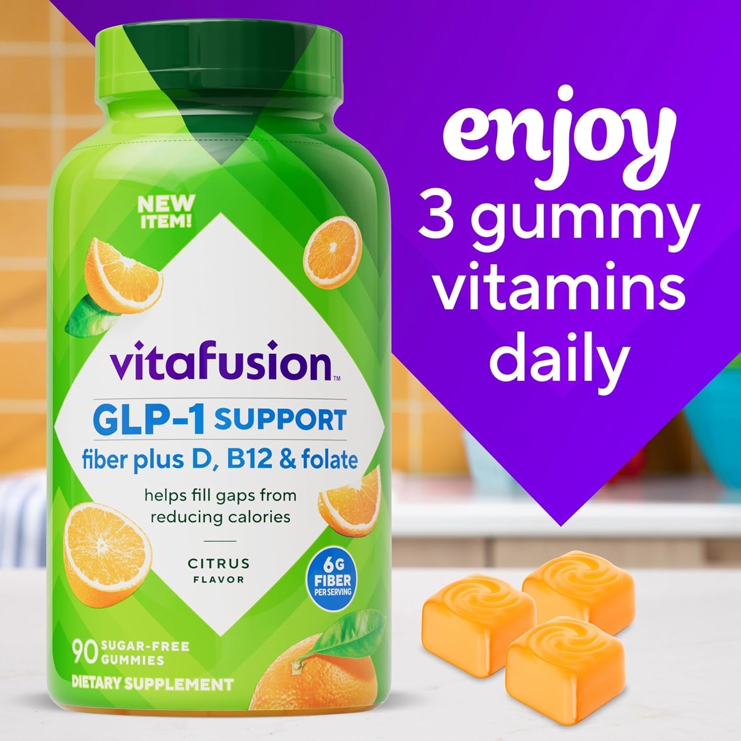 Vitafusion GLP-1 Support Fiber plus Vitamins D, B12 and Folate Gummy Vitamins, Citrus Flavor, Sugar Free, 90 Count, 30 Day Supply