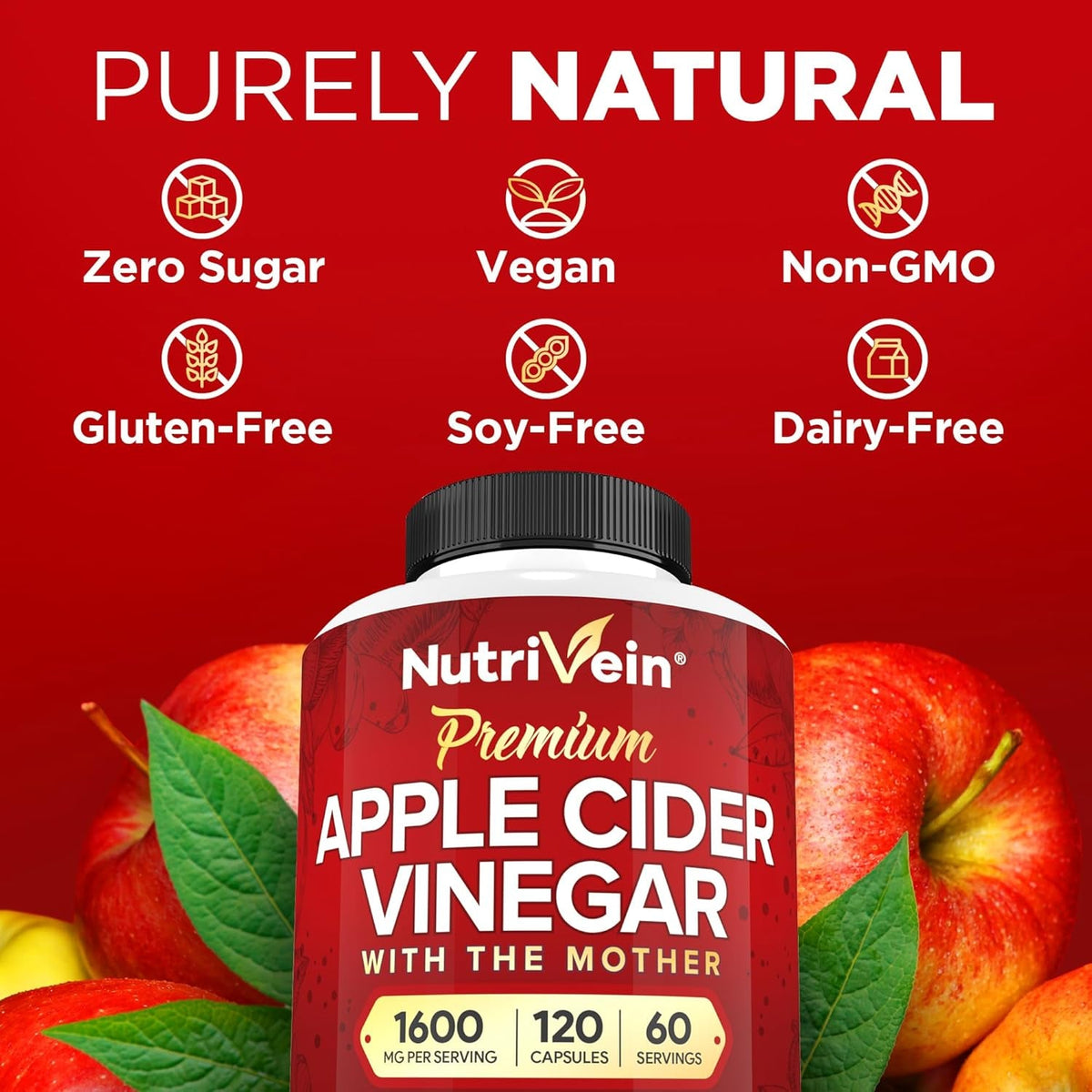 Nutrivein Premium Apple Cider Vinegar Supplements with Mother - 1600 Mg - 120 Apple Cider Vinegar Capsules: ACV Pills for Digestion, Keto, Cleansing, and Balanced Nutrition