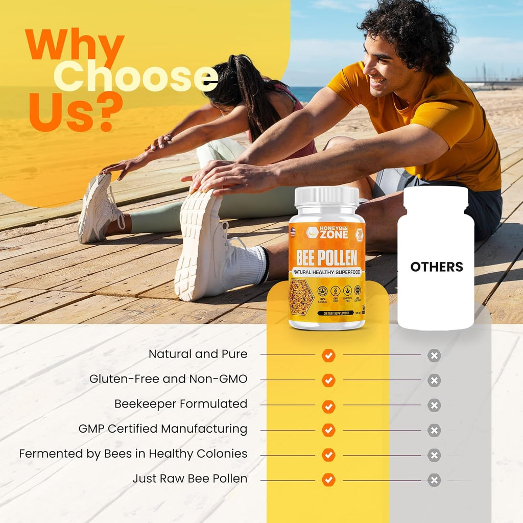 HONEYBEEZONE–100% Raw Bee Pollen Granules in 60 Veggie Capsules – High in Essential B-Complex for Metabolism & Energy - Gluten Free & Non-Gmo - Protein & Antioxidants – Immune Support & Vitality