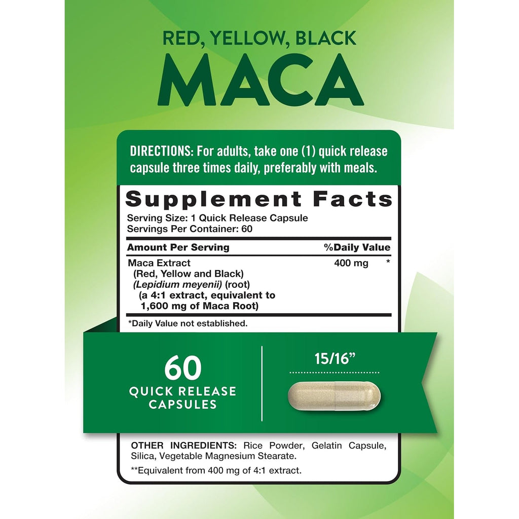 Nature'S Truth Maca Root | 60 Quick Release Capsules | Red, Yellow, and Black | Performance Formula | Non-Gmo & Gluten Free Supplement