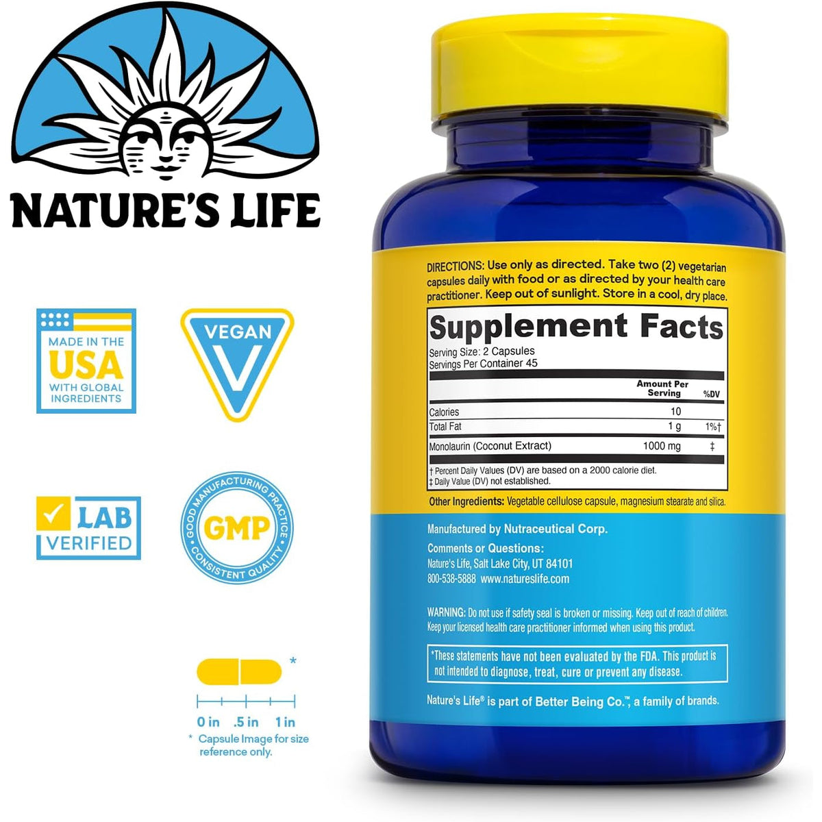 Nature'S Life Monolaurin 1000 Mg, Nourishing Monolaurin from Natural Raw Coconut, Immune Support Supplement, Gut Health, Balanced Gut Flora, 60-Day Guarantee, 45 Servings, 90 Vegetarian Capsules