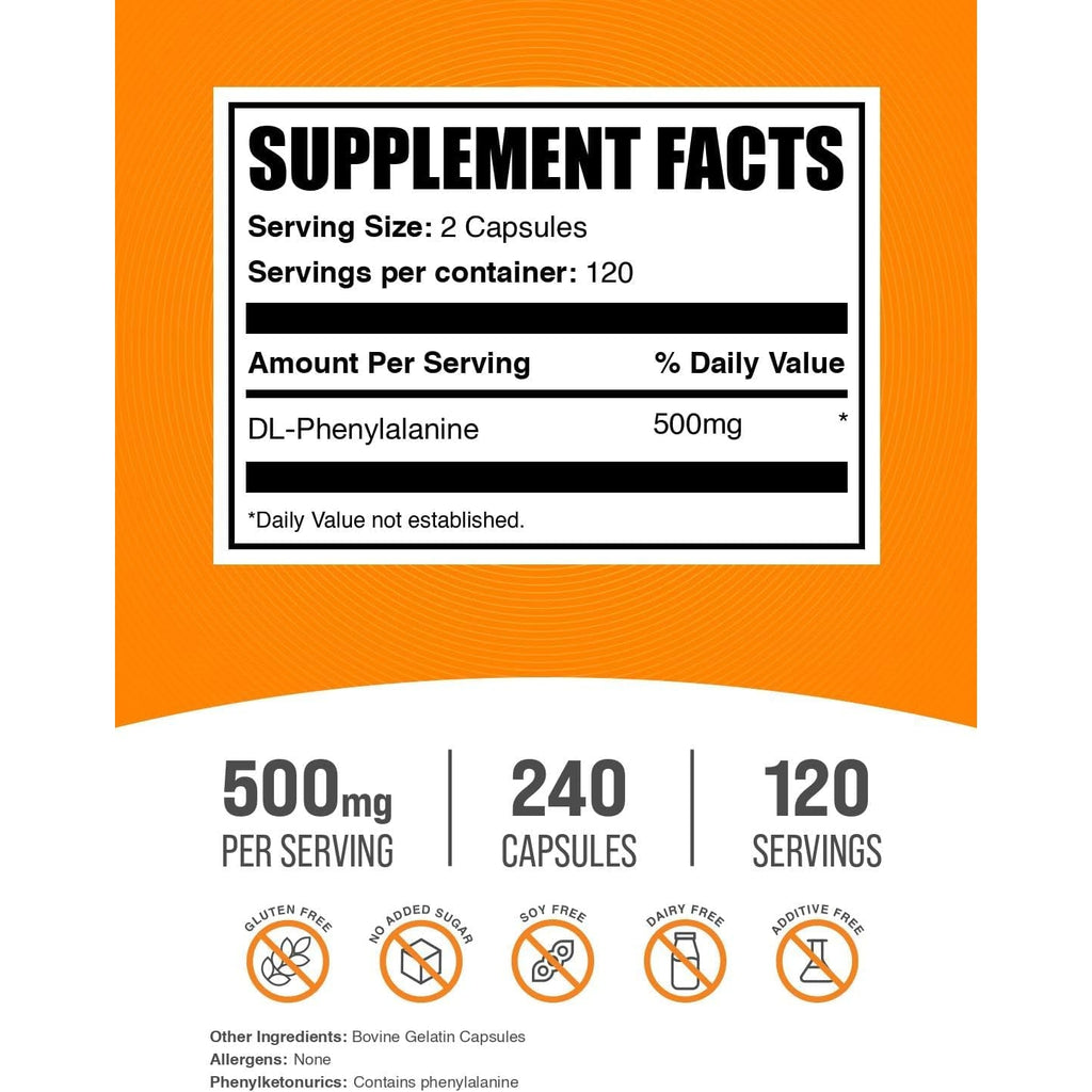 Bulksupplements.Com Dl-Phenylalanine Capsules - DLPA Supplement, Amino Acid Supplement - Gluten Free, 2 Capsules per Serving (500Mg), 240 Capsules (Pack of 1)
