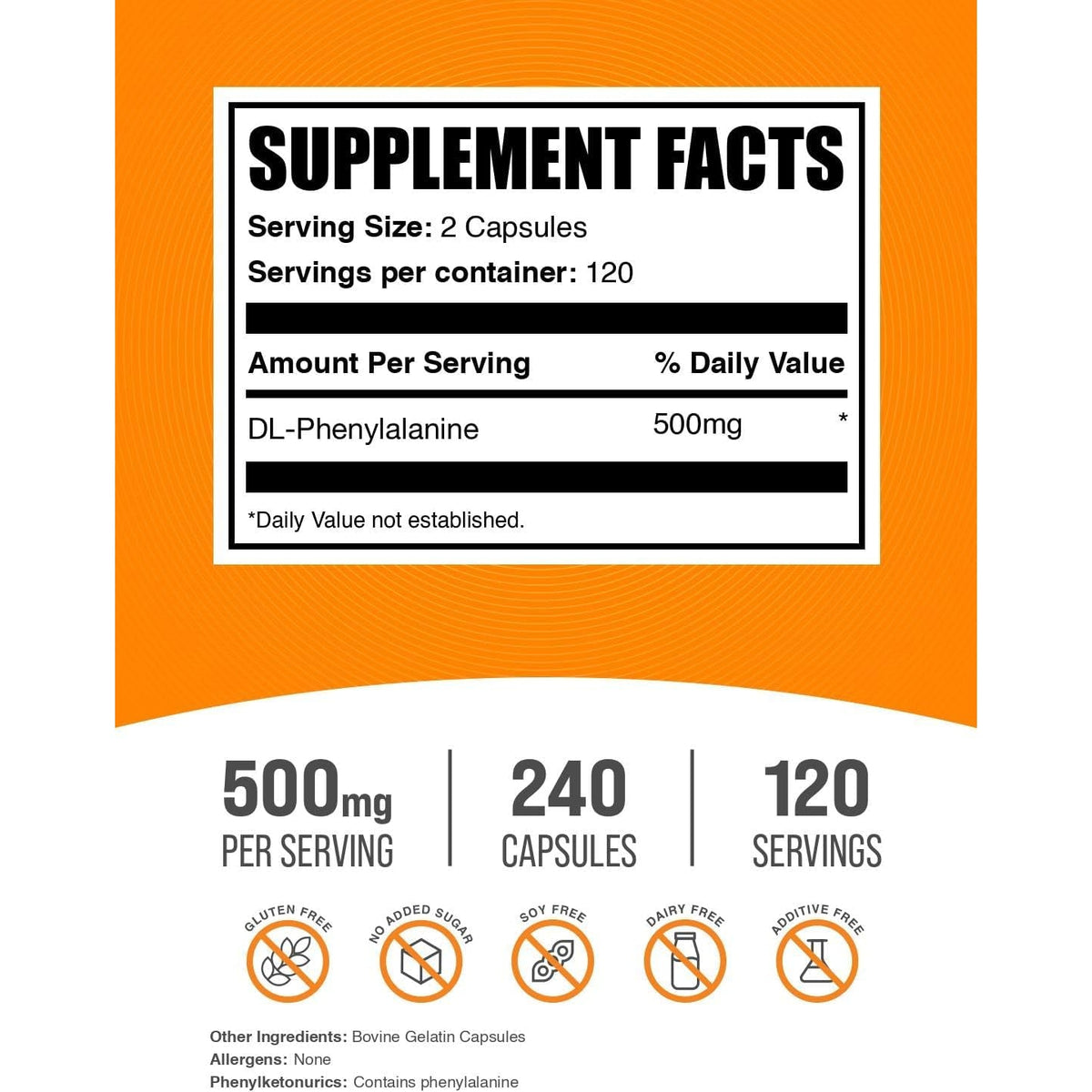 Bulksupplements.Com Dl-Phenylalanine Capsules - DLPA Supplement, Amino Acid Supplement - Gluten Free, 2 Capsules per Serving (500Mg), 240 Capsules (Pack of 1)
