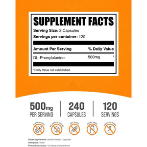 Bulksupplements.Com Dl-Phenylalanine Capsules - DLPA Supplement, Amino Acid Supplement - Gluten Free, 2 Capsules per Serving (500Mg), 240 Capsules (Pack of 1)