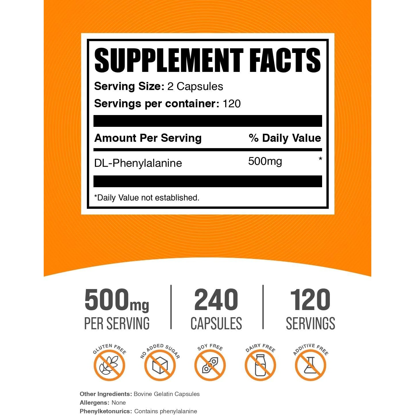 Bulksupplements.Com Dl-Phenylalanine Capsules - DLPA Supplement, Amino Acid Supplement - Gluten Free, 2 Capsules per Serving (500Mg), 240 Capsules (Pack of 1)