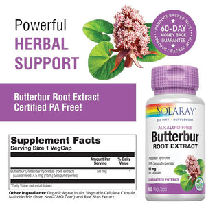 SOLARAY Butterbur Root Extract 50 Mg Supplement for Men & Women - Powerful Herbal Support, Vegan Butterbur Capsules - 60 Veg Caps