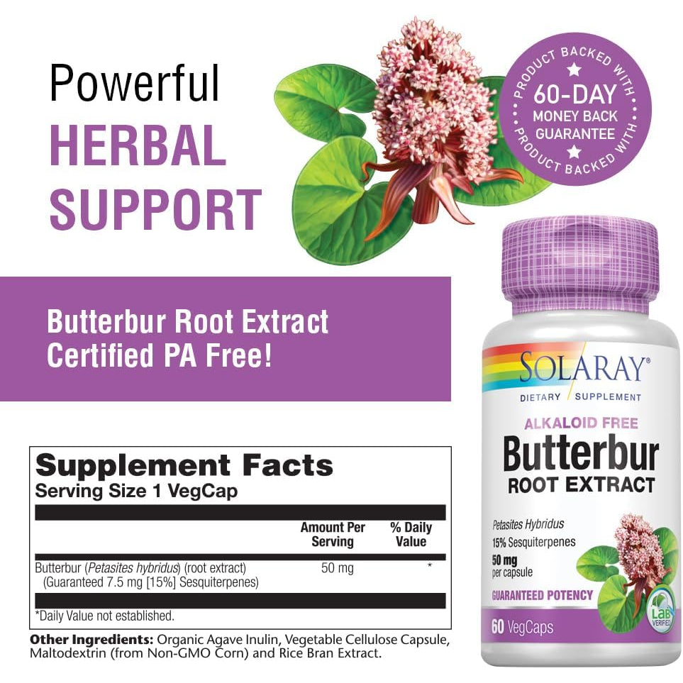SOLARAY Butterbur Root Extract 50 Mg Supplement for Men & Women - Powerful Herbal Support, Vegan Butterbur Capsules - 60 Veg Caps