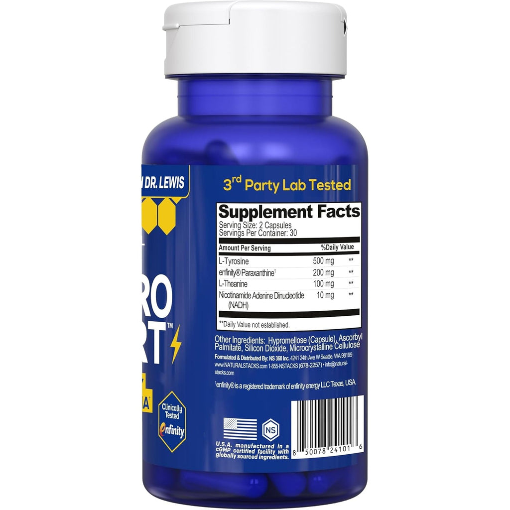 NATURAL STACKS Neuroalert - 200Mg Paraxanthine Energy Supplement - Caffeine Free Focus W/ 500Mg L-Tyrosine & 100Mg L-Theanine - 10Mg NADH for Cellular Energy Support - 60 Paraxanthine Capsules