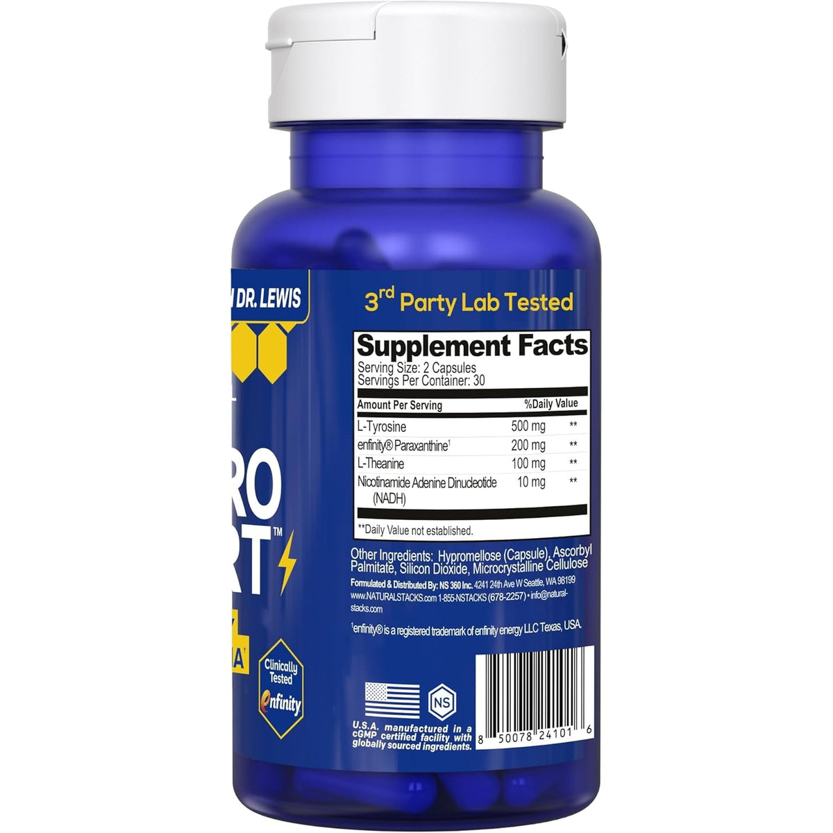 NATURAL STACKS Neuroalert - 200Mg Paraxanthine Energy Supplement - Caffeine Free Focus W/ 500Mg L-Tyrosine & 100Mg L-Theanine - 10Mg NADH for Cellular Energy Support - 60 Paraxanthine Capsules