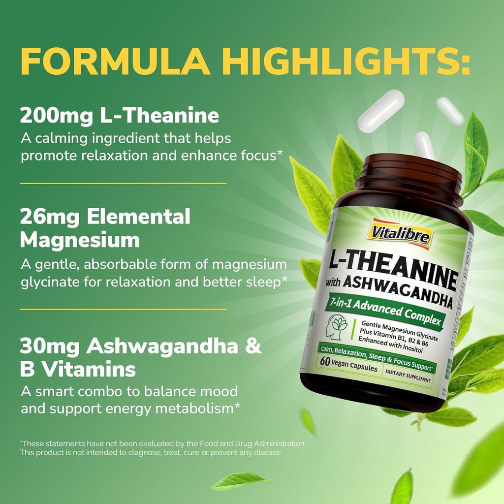 Vitalibre L Theanine Supplement 200Mg | 7 in 1 L-Theanine with Magnesium Glycinate, Ashwagandha, Inositol, Vitamin B1 B2 B6 | No Gluten, for Calm, Relaxation, Sleep & Focus Support, 60 Vegan Caps